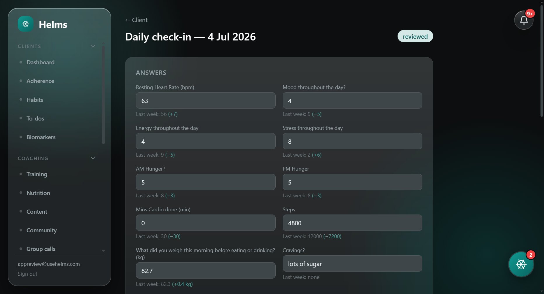 A submitted check-in in Helms, with each answer compared to last week