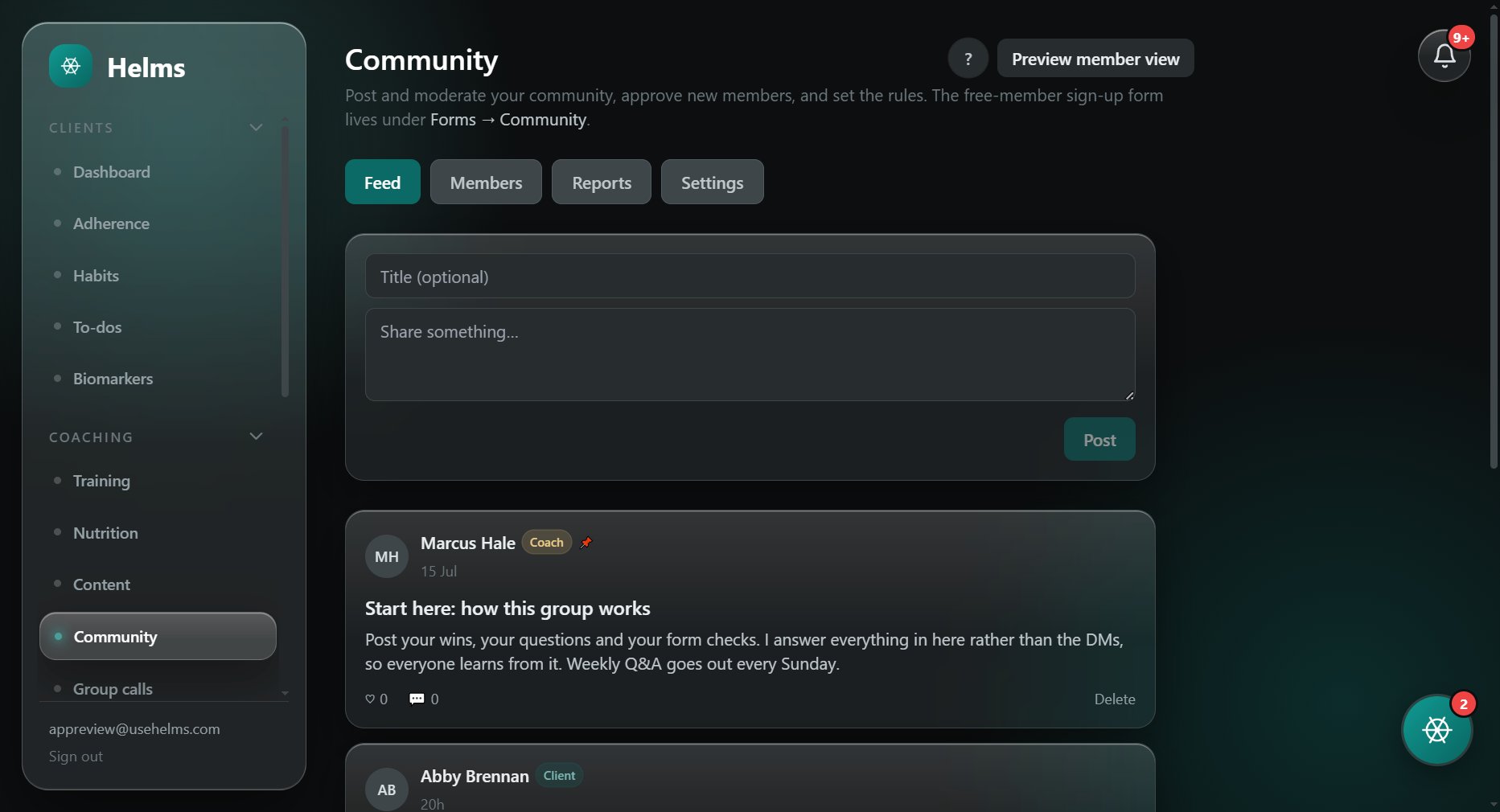 The Helms community feed: coach posts, client questions and moderation tools