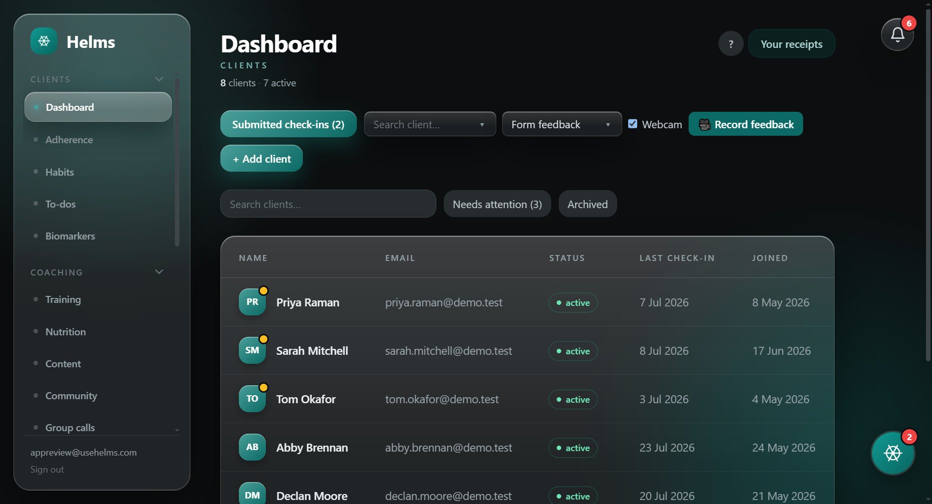 The Helms coach dashboard: your client list, check-in status and who needs attention