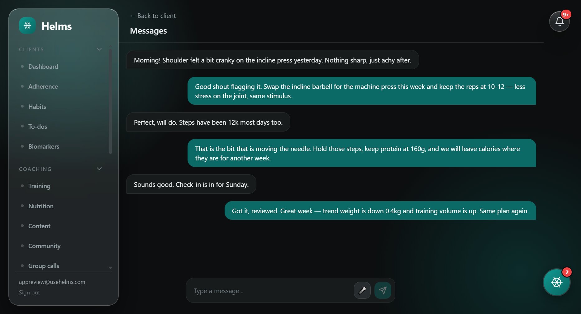 A coach and client thread in Helms messaging