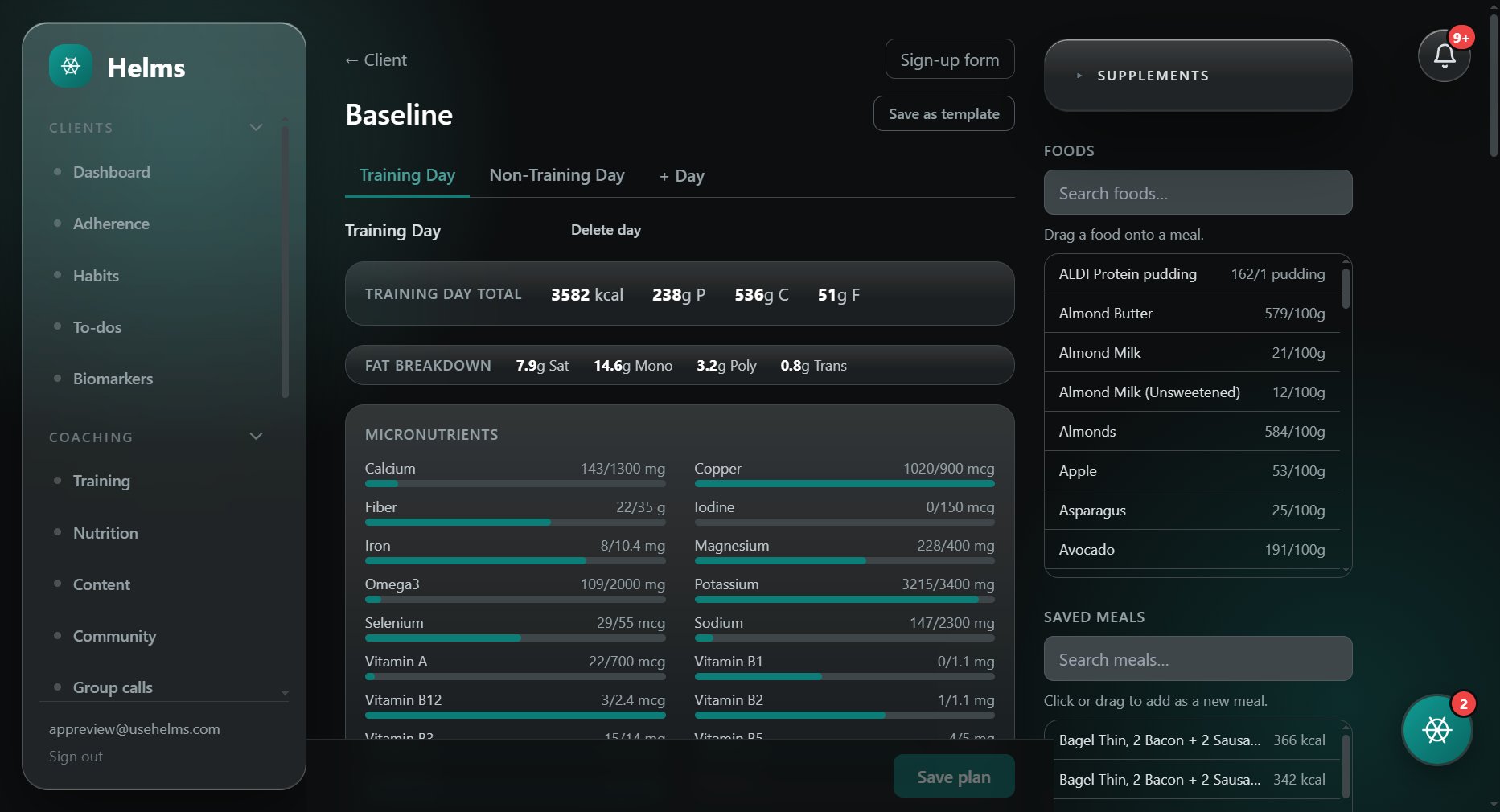 The Helms meal-plan builder: macro totals, fat breakdown and micronutrient targets