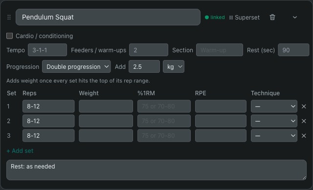 A progression rule set on an exercise in the Helms workout builder: double progression, add 2.5 kg
